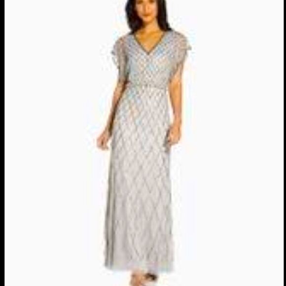 Adrianna Papell sequin lattice dress with flutter sleeves in Bridal Silver-NWT - Picture 2 of 10